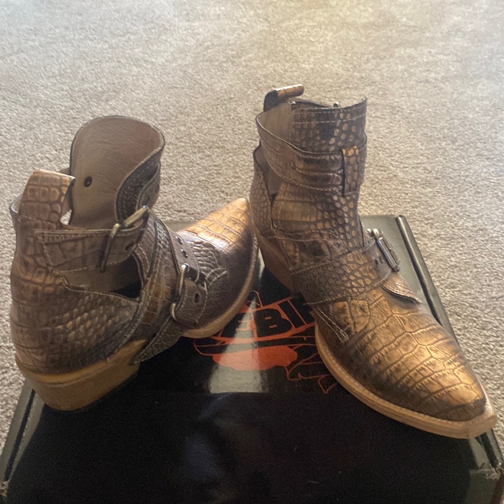 freebird Brown Croc-Embossed Leather Ankle Boots